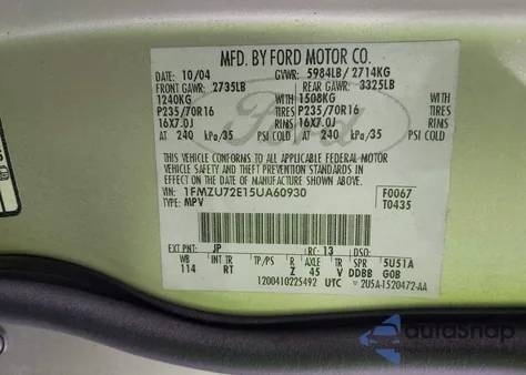 2005 Ford Explorer Xls/Xls Sport from USA, damaged, VIN 1FMZU72E15UA60930